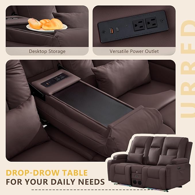 URRED Power Loveseat Recliner Sofa with Console, Wall Hugger Reclining Loveseat RV Couch with LED Light, 150° Zero Gravity Recliners Modular Couches for Living Room (Dark Brown, 68.1'' - 2 Seats)