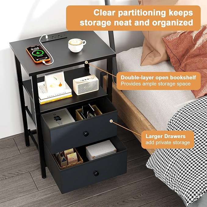 Nightstand with Charging Station, Bedside End Table with 2 Fabric Drawers for Bedroom, Side Table with USB Ports and Outlets (Black)