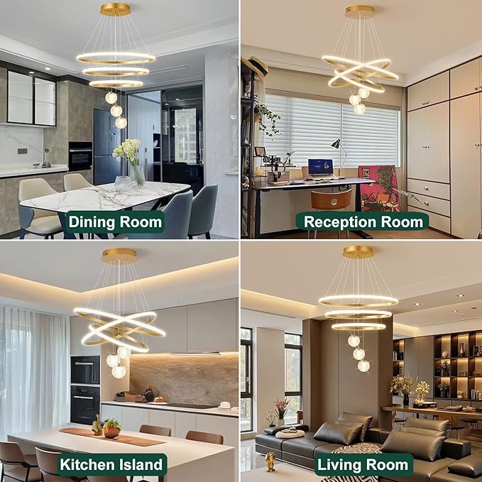 LED Modern 3 Ring Chandeliers for Dining Room, 24in Dimmable Kitchen Pendant Lamp, Gold Dining Room Light Fixtures Ceiling Hanging Over Table, Globe Round Chandeliers for Living Room Bedroom