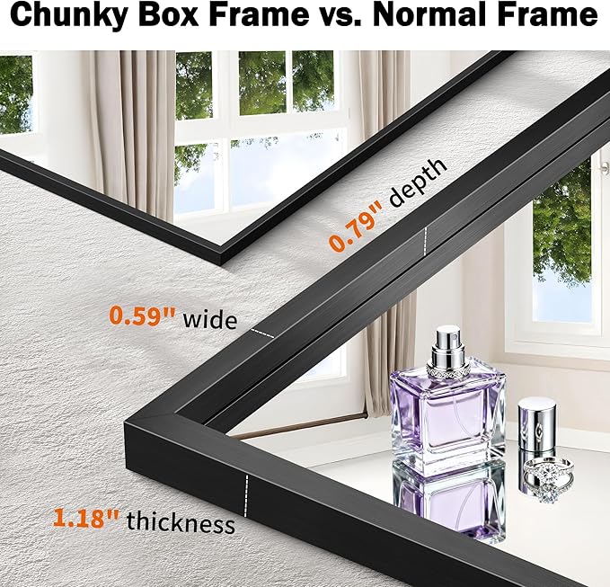 CIRCUMI 24"x30" Black Mirror with Chunky Box Metal Frame, Brushed Finish Rectangular Bathroom Mirrors for Over Sink, Living Room, Entryway, Tempered Glass Mirror for Wall, Vertical or Horizontal