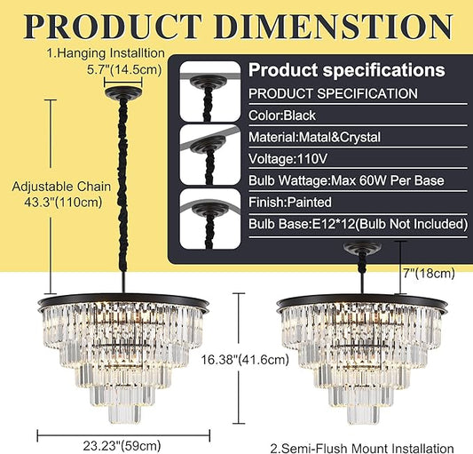 23.23" Black Crystal Chandelier 12-Light Modern Crystal Pendant Ceiling Light Fixture 5-Tier Luxury K9 Crystal Chandeliers,for Dining Room Kitchen Island Living Room Bedroom
