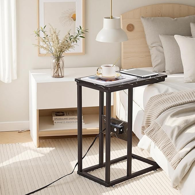 VECELO C-Shaped End Side Table with Charging Station & 2 USB Ports and Outlets for Living Room, Bedroom, with Adjustable Feet for Couch Sofa, Bedside, Small Spaces， Black Marble