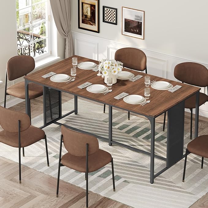 Dining Table for 6-8, 63" Large Kitchen Table, Industrial Dining Room Table, Wooden Rectangular Table with Adjustable Feet, for Dinner, Kitchen, Walnut and Black CZ03BH
