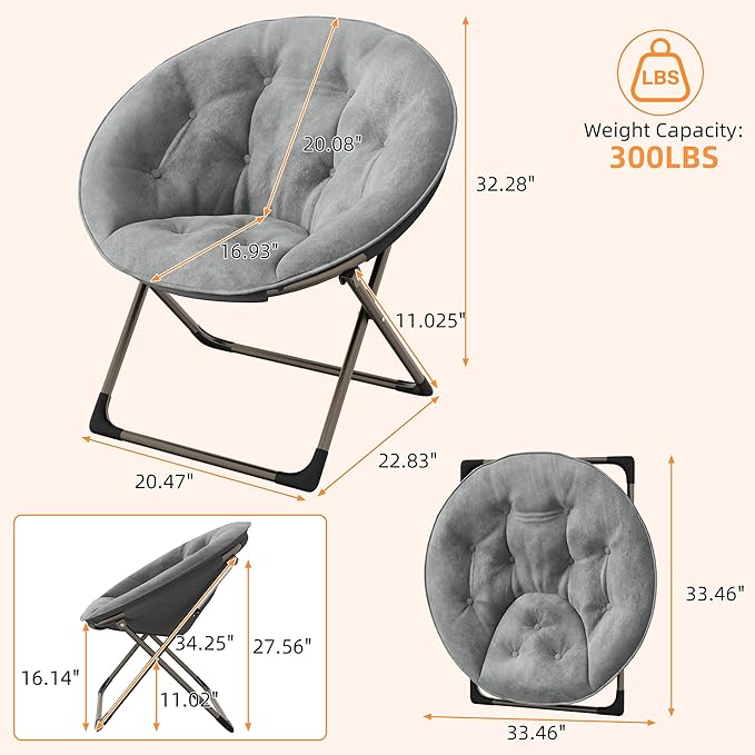 IDEALHOUSE Comfy Folding Padded Saucer Chair, Folding Circle Chair with Metal Frame, Soft Moon Chair for Bedroom, Dorm Rooms, Apartments, Lounging, Garden and Courtyard, Grey with Gold Legs