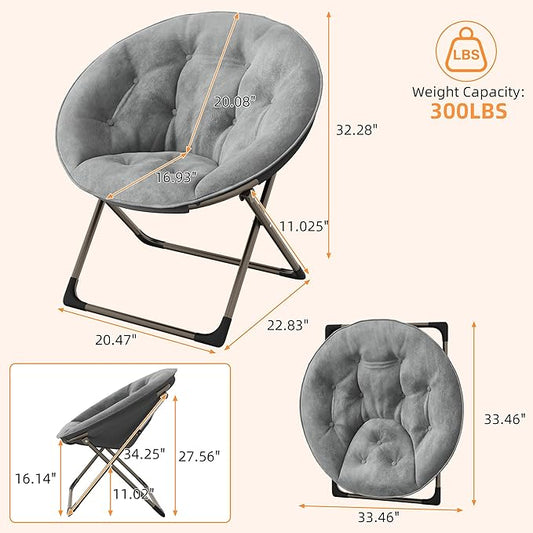 IDEALHOUSE Comfy Folding Padded Saucer Chair, Folding Circle Chair with Metal Frame, Soft Moon Chair for Bedroom, Dorm Rooms, Apartments, Lounging, Garden and Courtyard, Grey with Gold Legs