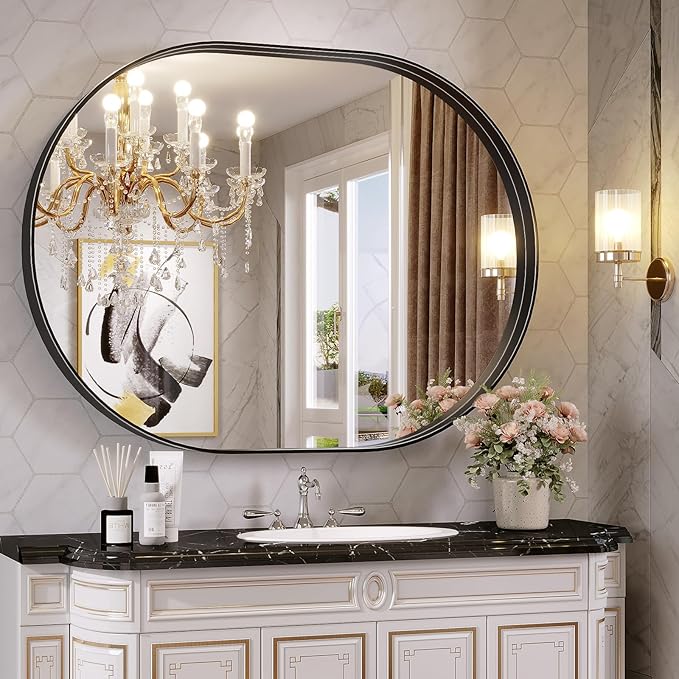 Black Oval Mirror for Bathroom, 40 x 30 Inch Oval Bathroom Vanity Mirrors for Wall, Metal Frame Mirror for Bedroom Living Room Entryway, Wall Decor, Hangs Horizontal or Vertical
