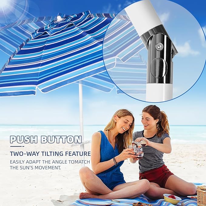 Aoxun 8 FT Beach Umbrella with Tilt Pole, Portable Sand Anchor and Carry Bag, UPF 50+ Sun Shelter Air Vents Design for Outdoor (Navy Blue & White)