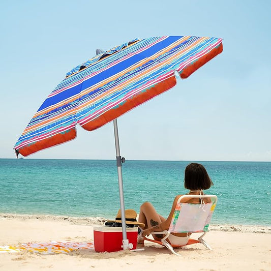 AMMSUN 7ft Beach Umbrella with Sand Anchor Portable Outdoor Patio Sun Shelter UPF50+ Protection & Tilt Aluminum Pole Air Vent with Carry Bag for Beach Patio Garden Outdoor Multicolor Blue