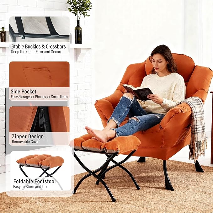 Lazy Chair with Ottoman, Modern Chair with Folding Footrest, Orange Accent Chair, Comfortable Reading Chair, Oversized Armchairs for Bedroom, Study, Living Room, Courtyard
