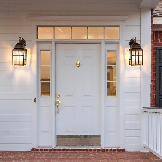Farmhouse Exterior Light Fixtures - Sensor Dusk to Dawn Outdoor Porch Lights, Black Brush Gold Wall Sconce, Outside Wall Lantern for Front Door, Garage 2 Pack