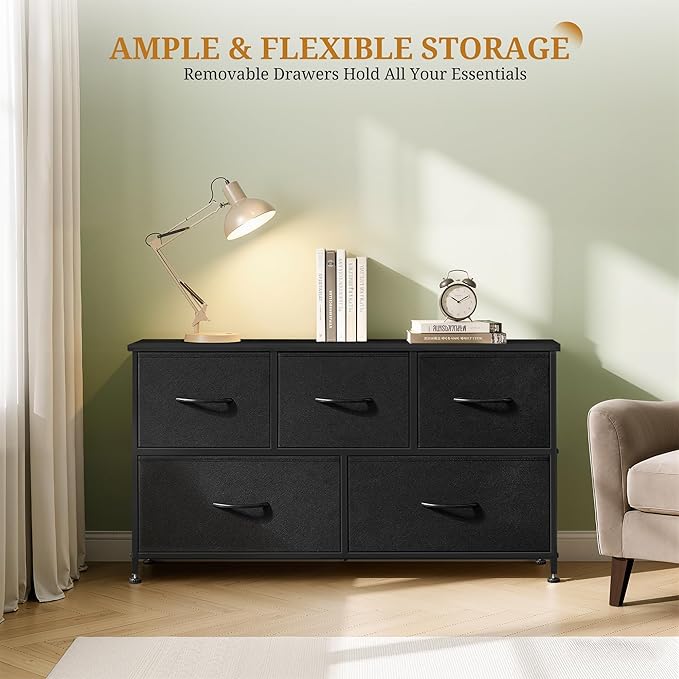 Dresser with 5 Drawers for Bedroom, Fabric Clothes Cabinet for Closet, Anti-Tip TV Stand for 45" TV, Storage Dresser with Metal Frame for Living Room, Entryway, Dorm, Black