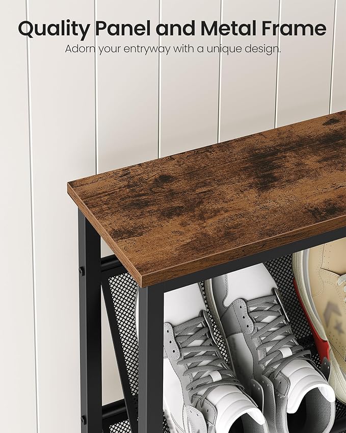 Shoe Rack, 4-Tier Slanted Shoe Storage Shelf, Narrow Shoe Rack for Entryway, Shoe Organizer with Adjustable Feet, Slim Shoe Shelf with Wooden Top and Metal Frame Rustic Brown and Black TXJ75BF