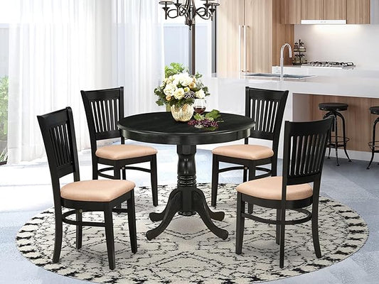 East West Furniture ANVA5-BLK-C 5 Piece Dining Room Furniture Set Includes a Round Dining Table with Pedestal and 4 Linen Fabric Upholstered Chairs, 36x36 Inch, Black
