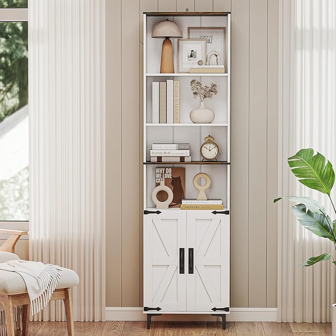 6 Tier Bookshelf with Doors and Adjustable Shelf, 72in Tall Bookcase with Storage Cabinet, White Farmhouse Bookshelves Wood for Living Room, Bedroom, Home Office