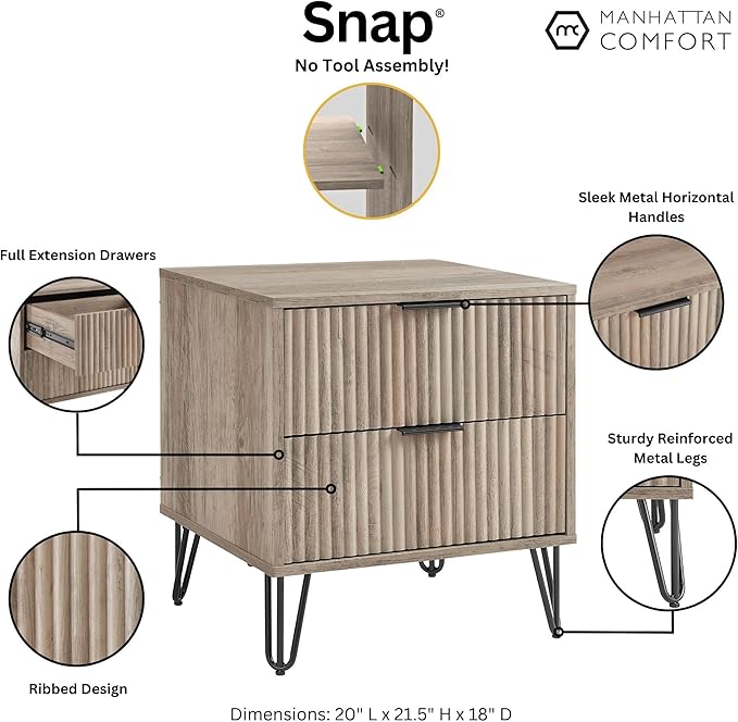 Manhattan Comfort Dumbo Modern Nightstand 2.0 with 2 Metal Feet | Splayed Gold Legs | Vertical Ribbed Design | No Tool Assembly Storage for Bedroom, Set of 2, Rustic Grey
