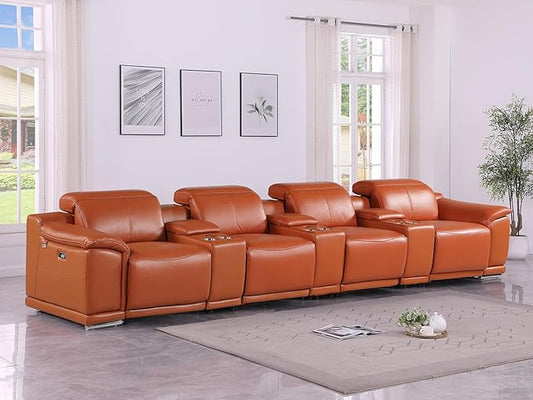 Blackjack Furniture Venice Top Grain Italian Leather Power Recline 7 Piece 4 Seater Sofa - 175" Theater Seating Modern Couch for Living Room Apartment with Adjustable Headrests & USB Port, Camel