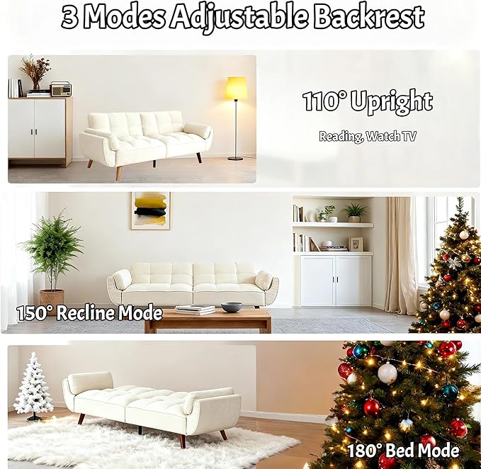 Convertible Futon Sofa Bed, Modern Futon Couch with 2 Pillows, Small Futons Couch with Adjustable Armrest & Backrest, Loveseat Sofa Bed for Living Room, Bedroom, Beige