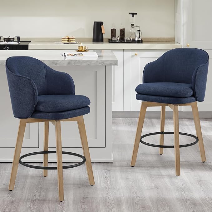 Counter Height Barstools 26 inch Upholstered Swivel Bar Stools with Back and Wood Legs for Kitchen Island,Set of 4,Blue Fabric