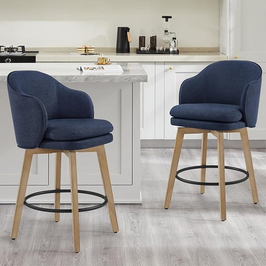 Counter Height Barstools 26 inch Upholstered Swivel Bar Stools with Back and Wood Legs for Kitchen Island,Set of 4,Blue Fabric
