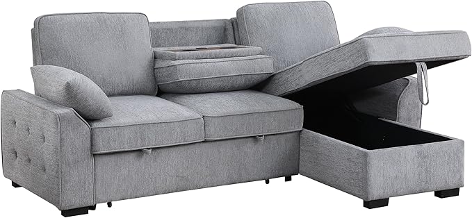 ERYE L-Shaped Pull Out Sleeper Couch Bed, Modern Chenille Upholstered Button Tufted Corner Couch Reversible Sectional Sleeper Sofa Bed W/Storage Chaise, Cup Holders