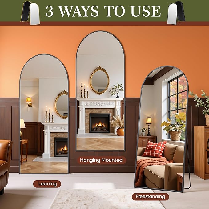 Full Length Mirror, 78"x38" Arched Full Body Mirror, Floor Mirrors with Stand, Body Mirrors Standing Hanging Leaning Against Wall,Aluminum Frame Mirrors for Bedroom Cloakroom,Living Room,Black