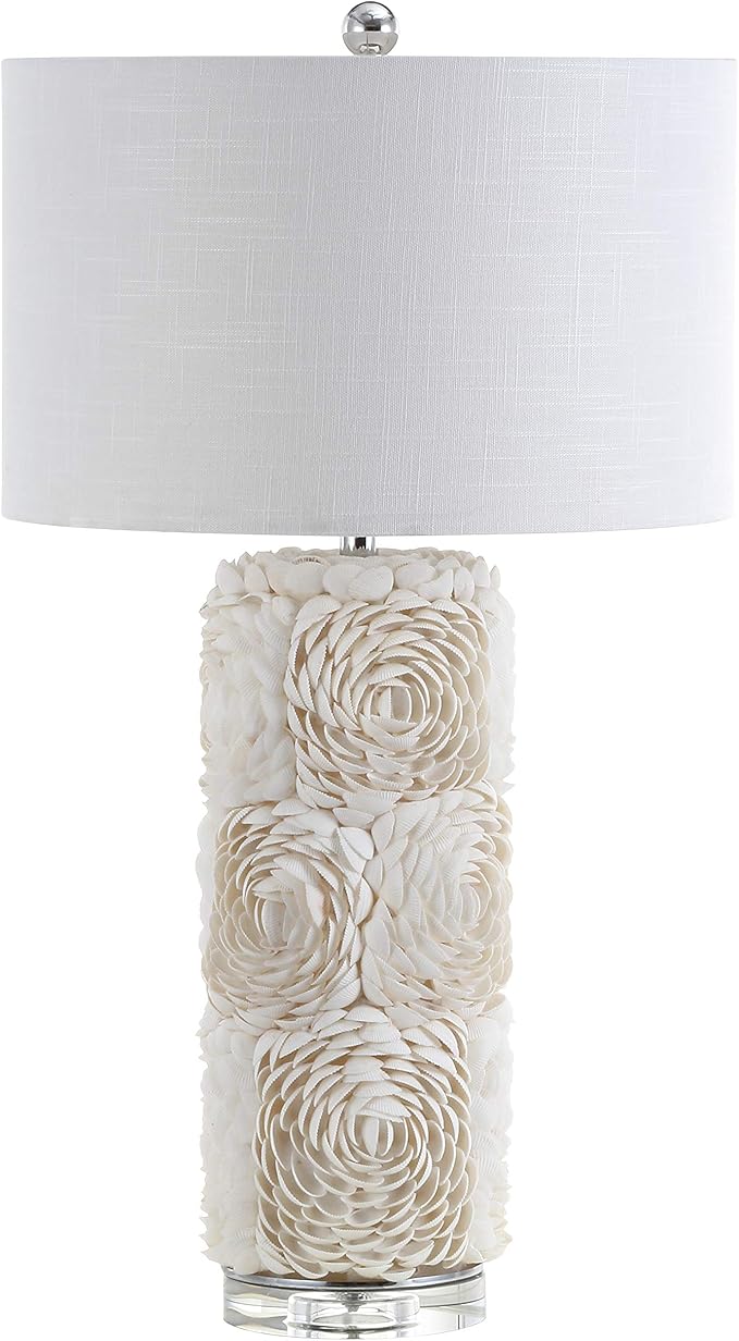JONATHAN Y 28.5" Cream Seashell Resin and Crystal LED Table Lamp, Coastal Floral Mosaic Column Lamp with White Linen Drum Shade for Living Room, LED Bulb Included JYL1006A