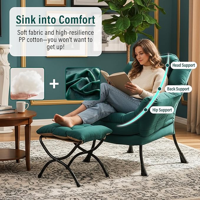 Lazy Chair with Ottoman, Modern Chair with Folding Footrest, Velvet Dark Green Accent Chair, Comfortable Reading Chair, Oversized Armchairs for Bedroom, Study, Living Room, Courtyard
