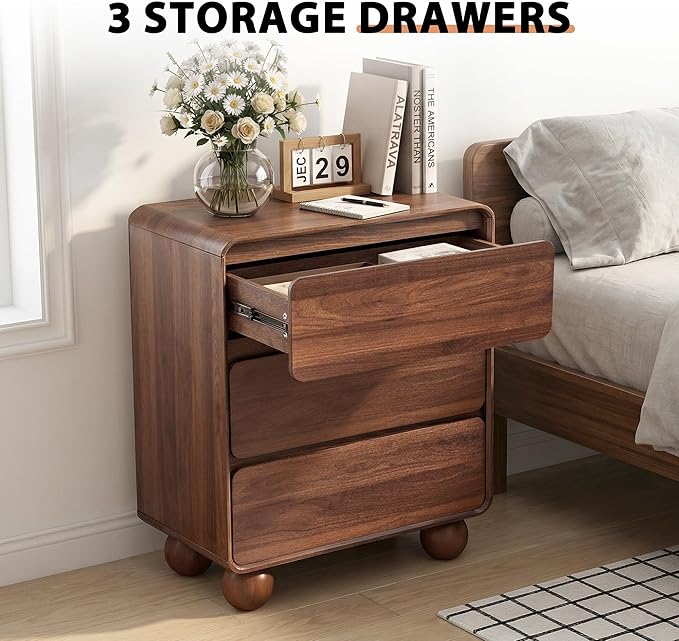 AVZEAR Set of 2 Modern 3 Drawer Dresser for Bedroom, Wooden Dresser Chest of Drawers, Handle Free & Curved Profile Design, Mid Century 3 Drawer Nightstand for Living Room, Walnut