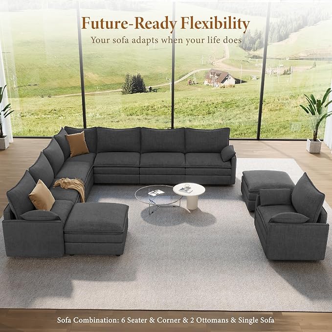 Vesgantti Large Modular Sectional Sofa, Big Comfy Cloud Couch with Ottoman Deep Seat Chenille Cloud Sofa, 9 Seater Large Sectional Couches for Living Room, Bedroom and Apartment, Gray | Sink-in Comfort, Height Adjustable, Easy Rearrangement, Extra-deep...