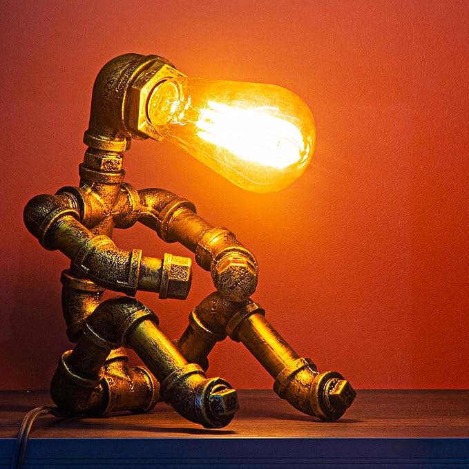 Steampunk Table Lamp, Vintage Industrial Metal Robot Table lamp, Water Pipe Table Lamp, Robot Style Desktop Light for Bedside Desk Bar Cafe Desktop Room Decoration