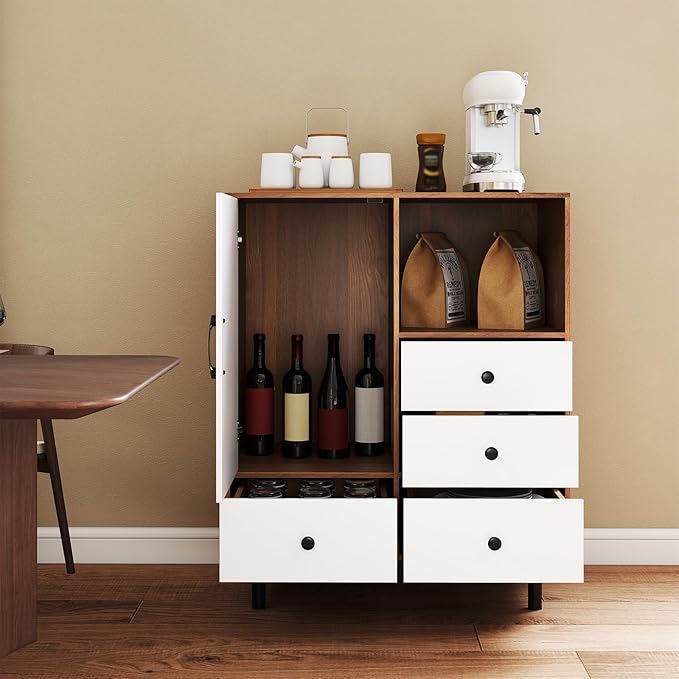 Giantex Storage Cabinet with 4 Drawers, Door and Open Compartment, 18" x 31.5" x 38.5" Inches, Metal Support Legs, Freestanding Side Cabinet, Buffet Sideboard for Living Room, Dining Room, Entryway