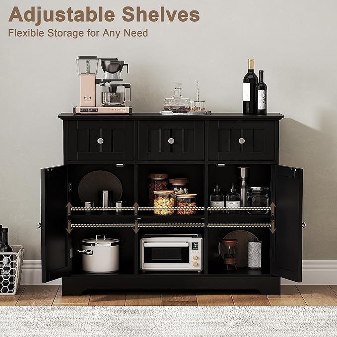ChooChoo Buffet Cabinet, Coffee Bar with Drawers and Doors, Sideboard Storage with Shelves for Kitchen, Dining Room, Living Room, Black