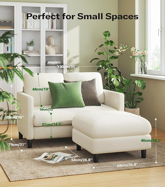 Welzona Loveseat, 51" Small L Shaped Couch, Comfy Teddy Love Seat with Ottoman Set, Tool-Free Setup Loveseat Sofa with Ottoman, All-Wood Small Sofa Couch for Bedroom, Couch for Living Room, Beige