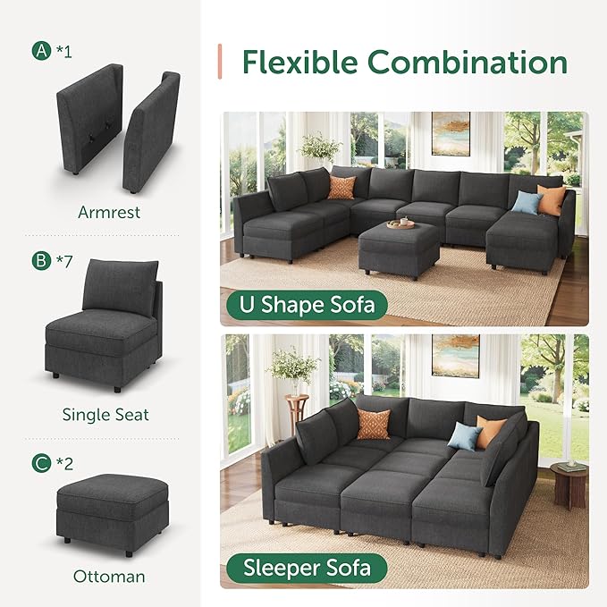 HONBAY Modular Sectional Sleeper Sofa with Storage, Modular Convertible Sectional Couch Bed Module Sleeper Couches for Living Room - Snowflake Velvet Grey