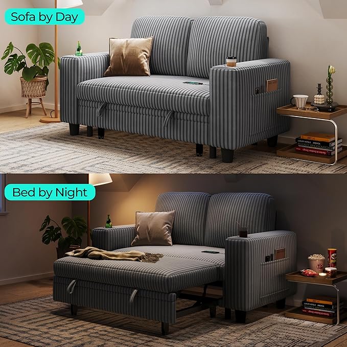 LINSY HOME Sectional Sleeper Sofa Pull Out Couches for Living Room (Grey, Pull Out Couch) | Pull Out Sofa Bed, Storage, USB Charging, Cup Holders, Plush Corduroy | Pull Out Sofa Bed, Storage, USB Charging, Cup Holders, Plush Corduroy