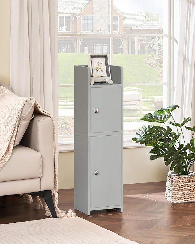 TEENFON Small Bathroom Storage Cabinet, Storage Cabinet with Doors and Adjustable Shelves, Corner Bathroom Cabinet, Narrow Cabinets for Small Spaces, Grey