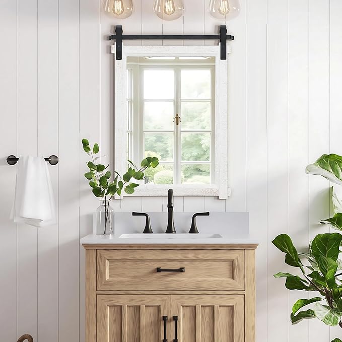Besdomus Farmhouse Bathroom Wall Mirror: 22"x30" White Barn Door Solid Cedar Wood Frame Vanity Mirror - Rustic Home Decor for Bathroom/Living Room/Hallway - Modern Farmhouse Decor for Housewife