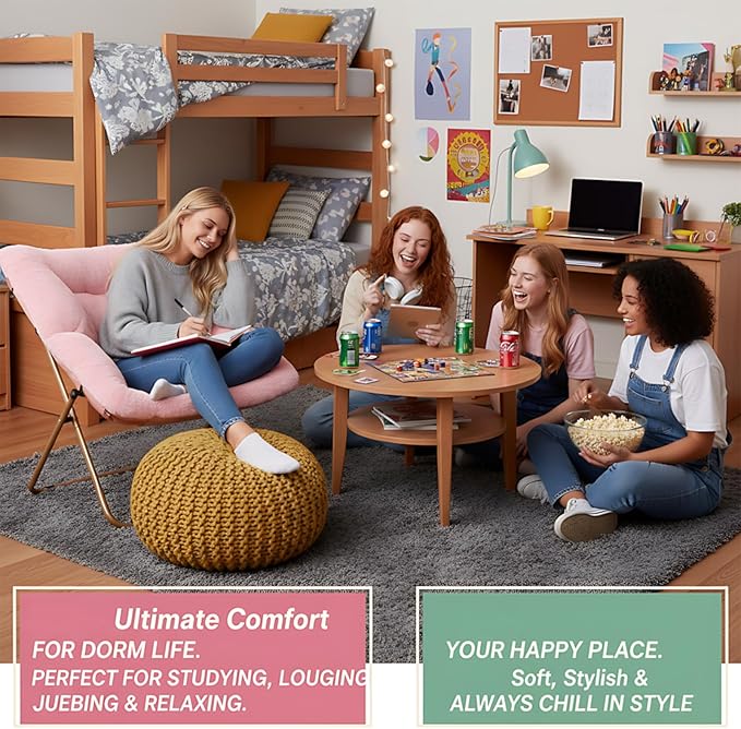Comfy Folded Chair, Soft Faux Fur Oversized Folding Chair, Flexible Lazy Chair for Kids Girls Teens Adults, Metal Frame Moon Chair for Dorm Rooms, Bedroom, Living Room