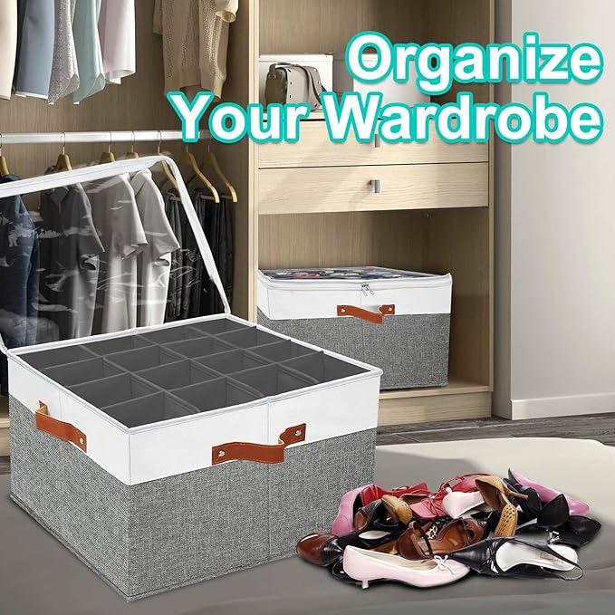 2 PACK Shoe Storage Organizer for Closet,Stackable Shoe Storage Box for Entryway,Cube Storage Cabinet,Organizador De Zapato,Folding House Container with Clear Cover,Holder Shoe Rack(Grey)