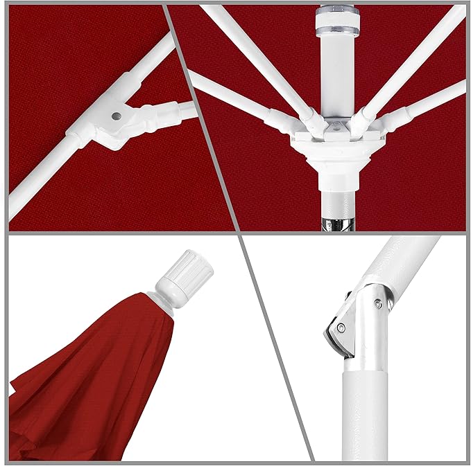California Umbrella 9' Round Aluminum Pole Fiberglass Rib Market Umbrella, Crank Lift, Collar Tilt, White Pole, Red Olefin