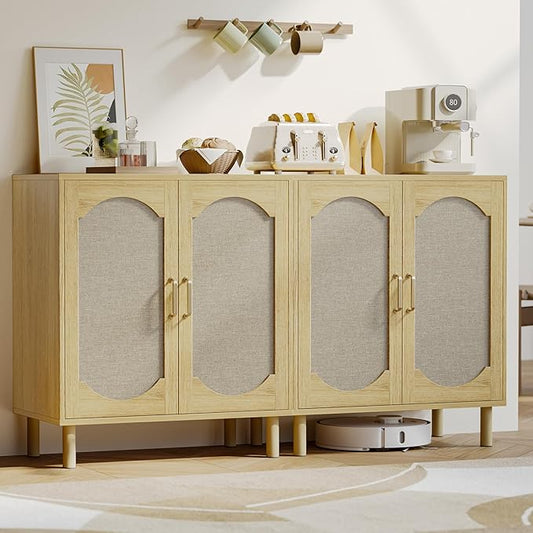 Buffet Cabinet with Storage, Imitation Fabric Arched Sideboard with Adjustable Shelves, Coffee Bar Cabinet for Kitchen, Living Room, Hallway, Entryway, Oak, 2 PCS