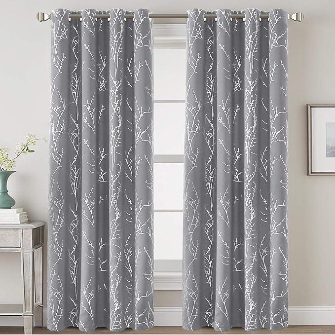 H.VERSAILTEX Blackout Curtains for Bedroom Foil Print Twig Tree Branch Thermal Insulated Grommet Curtain Drapes Light Blocking Thick Soft Window Curtains for Living 52 x 96 Inch, 2 Panels, Grey