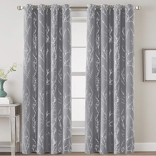 H.VERSAILTEX Blackout Curtains for Bedroom Foil Print Twig Tree Branch Thermal Insulated Grommet Curtain Drapes Light Blocking Thick Soft Window Curtains for Living 52 x 96 Inch, 2 Panels, Grey