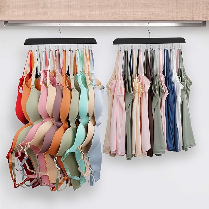 2 Pack Bra Hanger for Closet, Tank Top Hanger 40 Hooks Capacity Sturdy Wood Space Saving Sport Bras Holder, Closet Organizers and Storage, Black