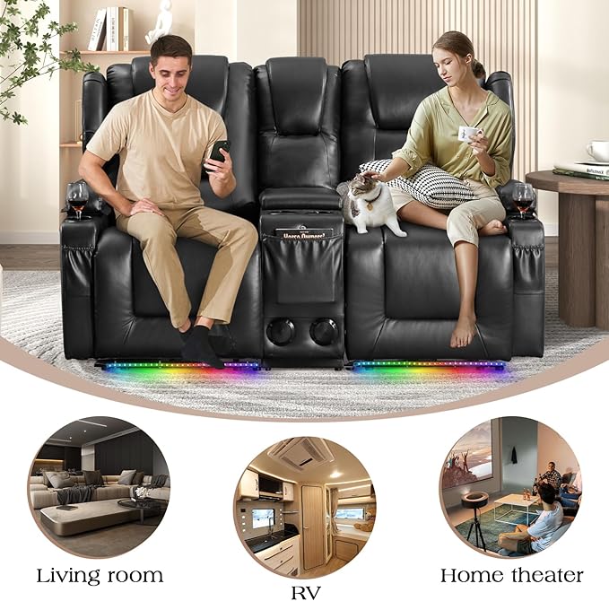 Oprisen Loveseat Power Recliner Sofa Couch Electric Reclining Sofa Chair for Living Room with Multi-Function Console/Cup Holders/LED Ambient Light