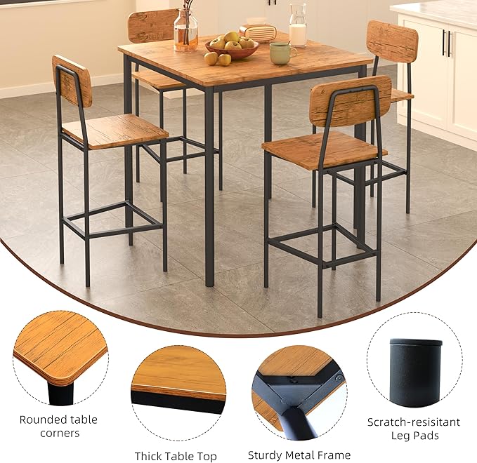 Kitchen Table and Chairs of 4, 5 Piece Dining Table Set, Sturdy Industrial Space Saving Dinette Set for Pub, Family Dinners, Apartment, Brown