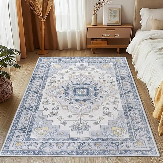 MOSISO 5x7 Area Rug for Living Room, Washable Area Rug, Non-Slip Vintage National Area Rugs, Low Pile Carpet, Faux Wool Rectangular Area Rugs Carpet for Living Room Bedroom Dining Room, Home, Blue