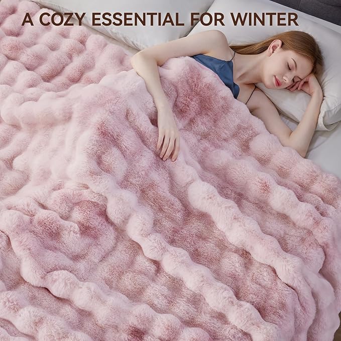 Faux Fur Throw Blanket, 1000GSM Fluffy Soft Bubble Blanket for Couch Bed, Cozy Plush Warm and Thick Blanket, Fuzzy Rabbit Throw for Living Room Bedroom 80''*90'' Pink