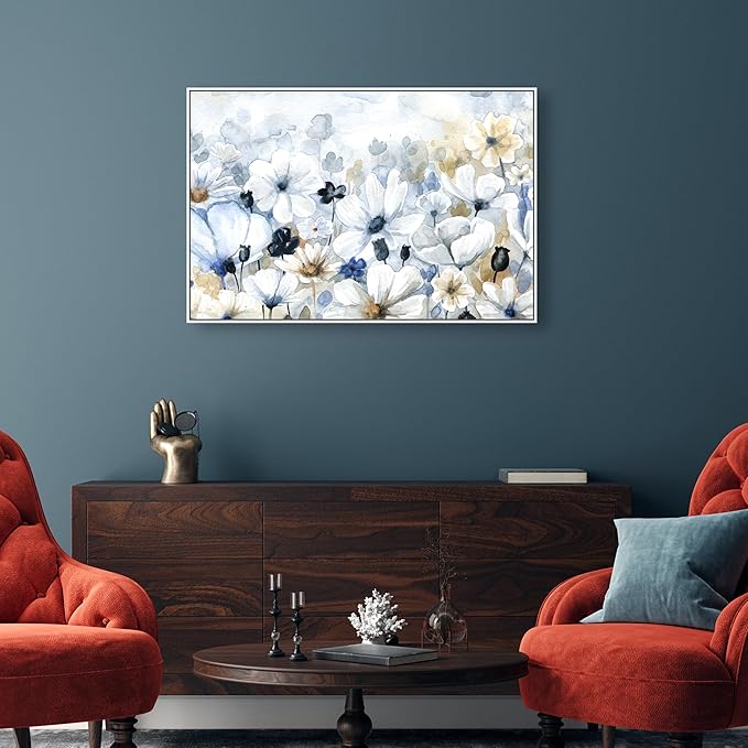 The Oliver Gal Artist Co. Floral and Botanical Wall Art Framed Canvas Prints 'Fields Flowers Home Décor, 45" x 30", Blue, White