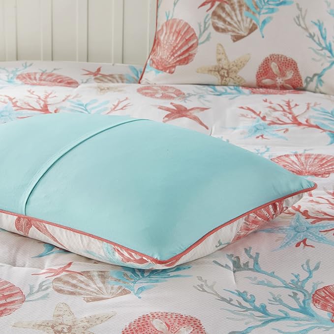 Madison Park 100% Cotton Comforter Set - Coastal Coral, Starfish Design All Season Down Alternative Cozy Bedding with Matching Shams, Decorative Pillow, California King(104"x92"), Teal 7 Piece